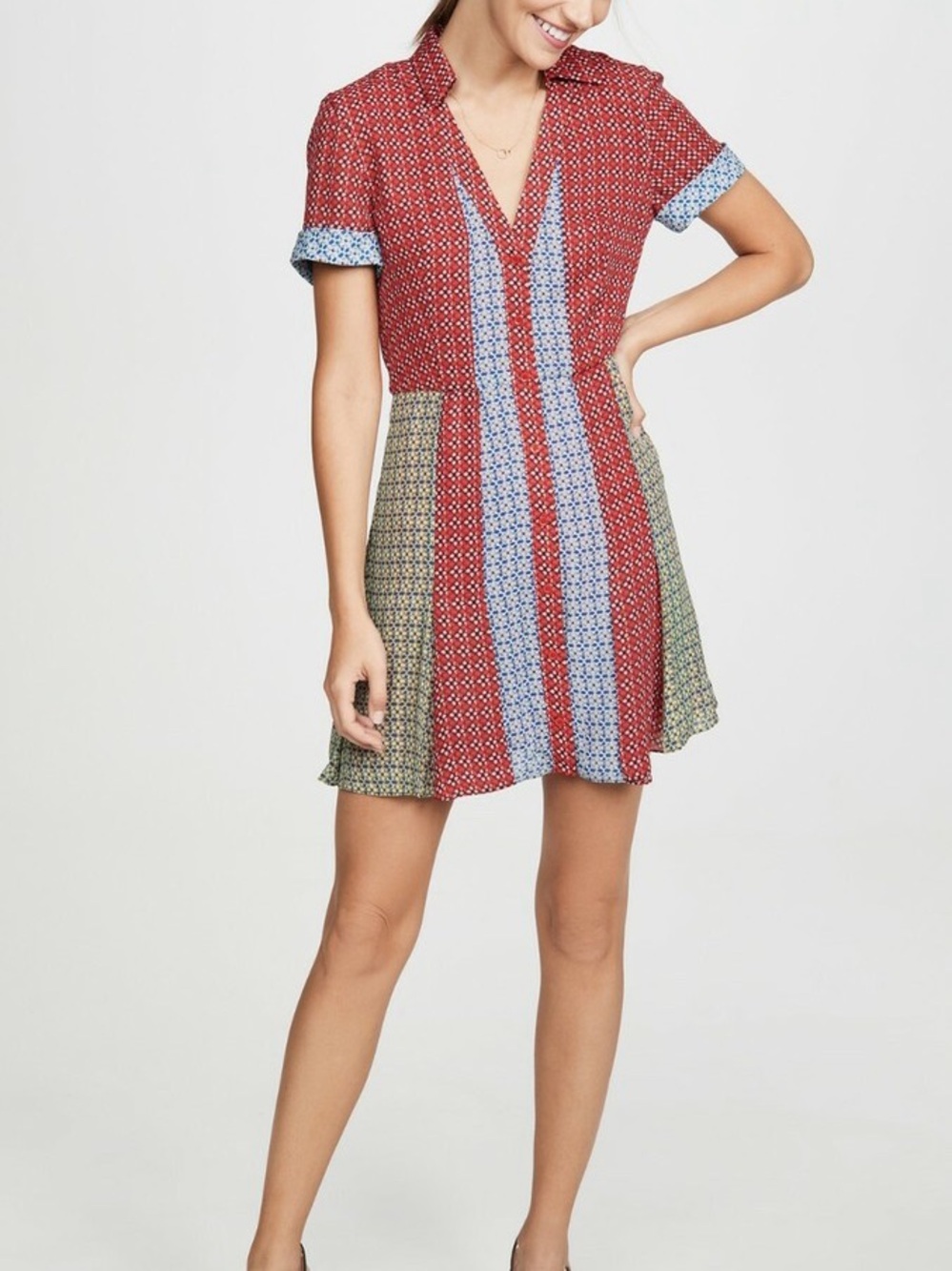 Alice + Olivia Mixed-Panel Mini Dress in Red, Light Blue and Olive - Picture 7 of 11